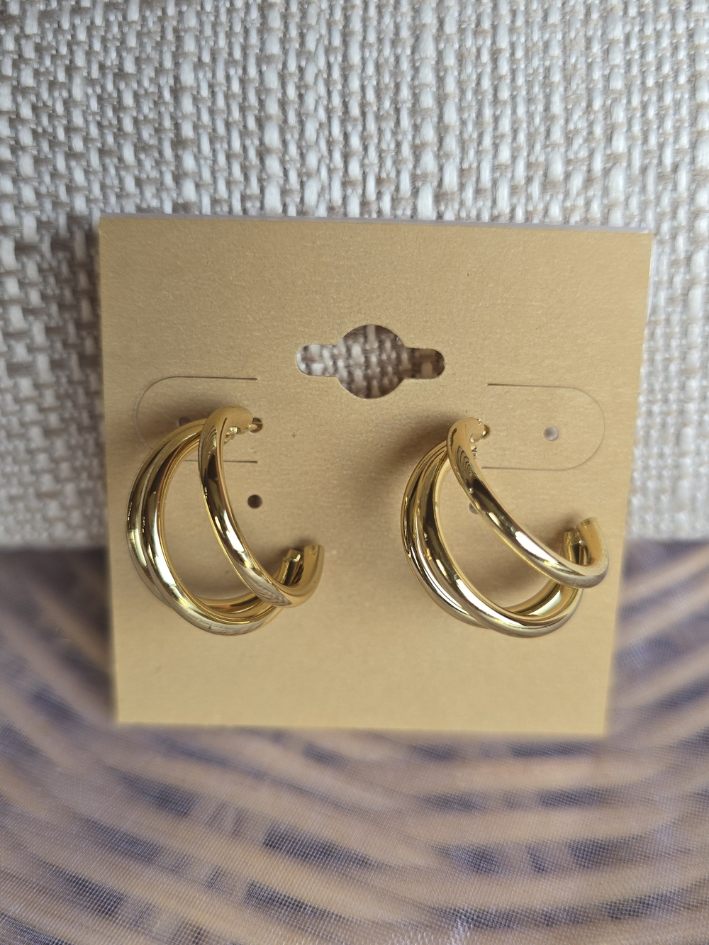 NWOT 18K PVD Yellow Gold Triple-Loop Hoop Earrings - Polished Layered Design
